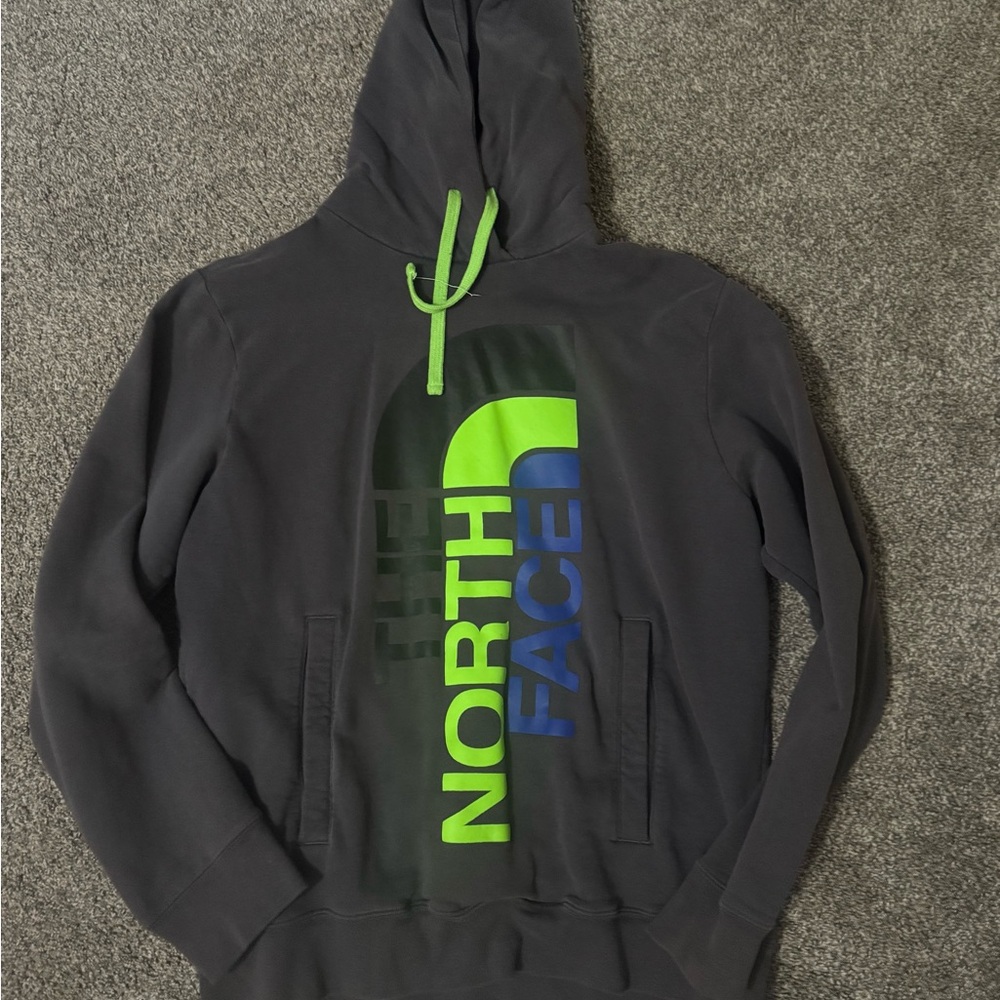 The North Face Men's Dark Gray Hoodie with Neon Green and Blue